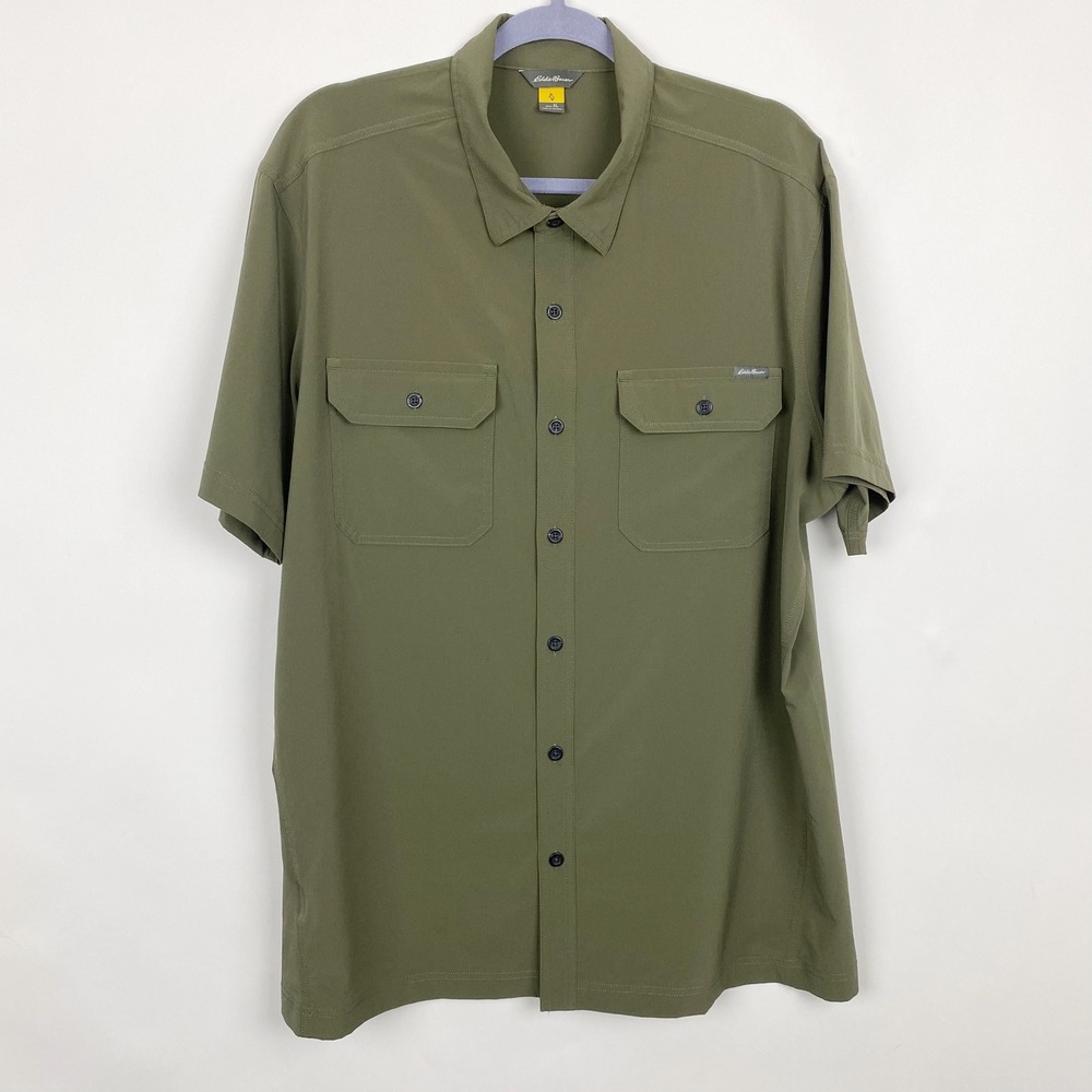 Eddie Bauer Travex Short Sleeve Stretch Button Down Shirt Mens XL Olive Green
